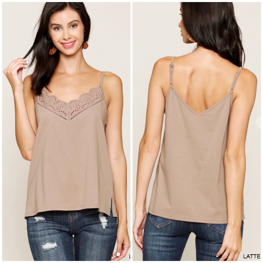 GIGIO Boho Chic Latte Mixed Eyelet Cami Top - Picture 5 of 6